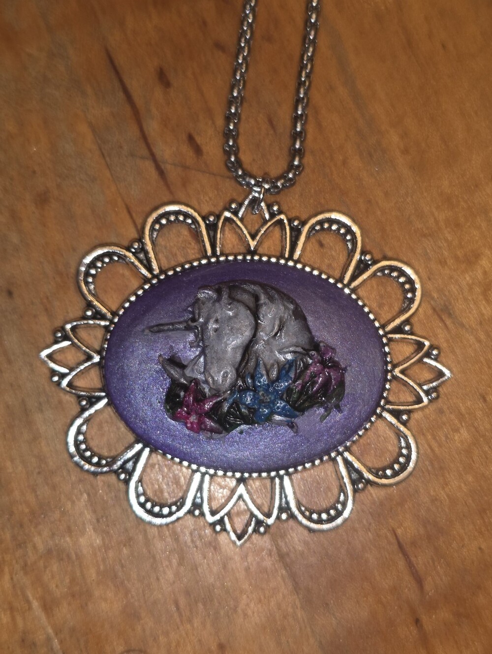 Antiqued Unicorn Cameo Pendant In Silver Metal Frame On Chain Necklace